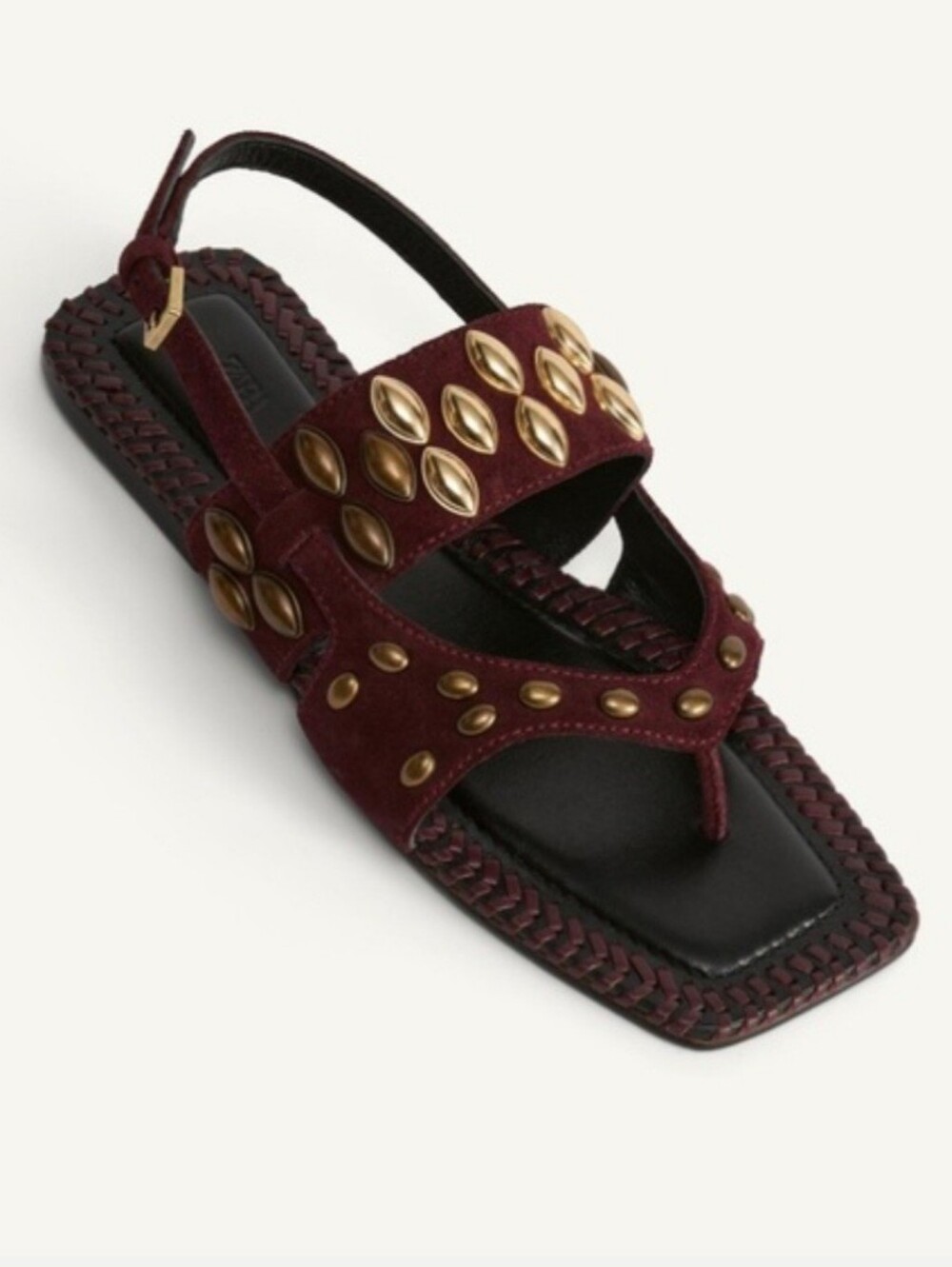 Zara Maroon Suede Studded Slide Sandals with Gold Accents